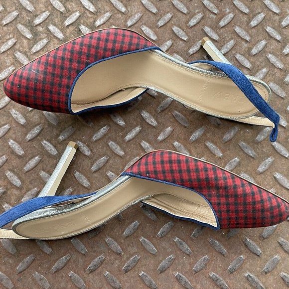 J. Crew Wonen Heel Pump Sandal Shoes Red Plaid Fabric Upper Shoes Size 7 - Picture 9 of 11